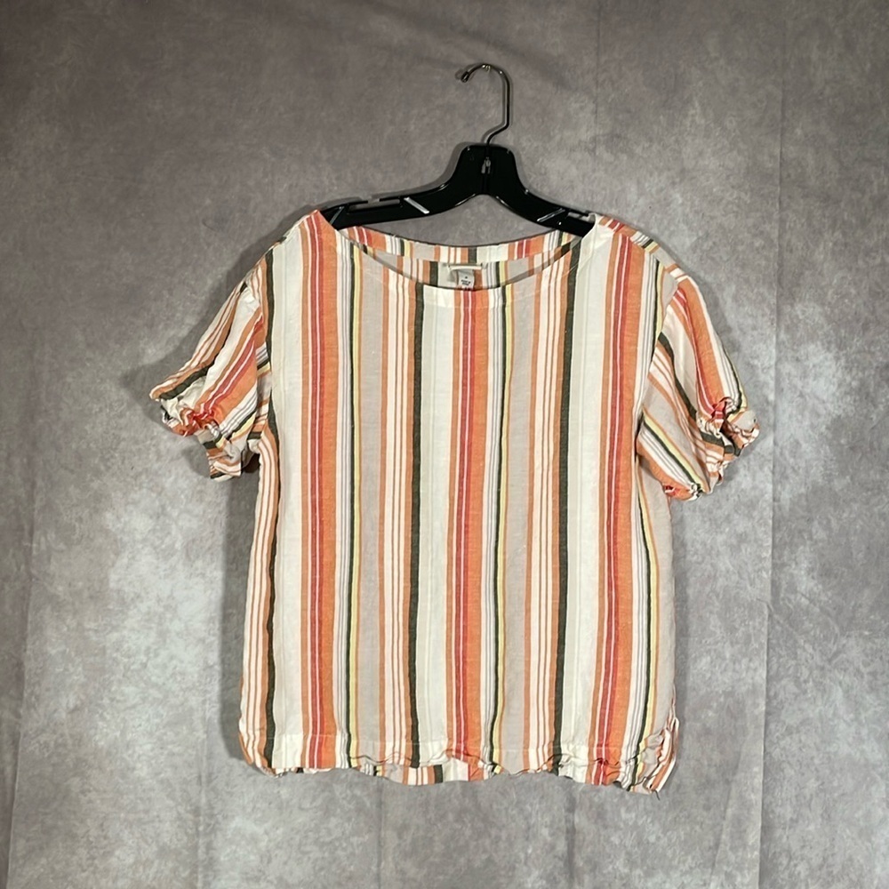 a. new. day Neutral Orange Vertical Stripped Short Sleeve Linen Shirt | Small